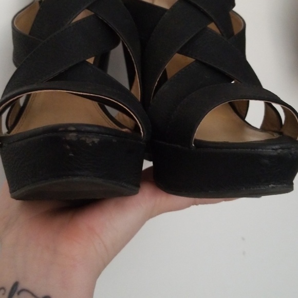 Black Faux Leather Strappy Criss Cross Wedges - Picture 4 of 7